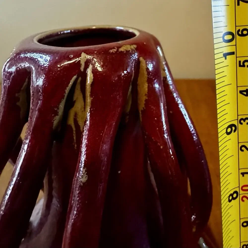 Vintage Red Drip Glaze Art Pottery Vase Global Views Sculptural Openwork Decor